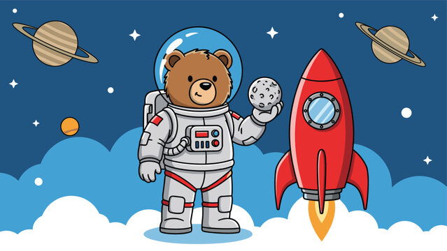 Adorable teddy bear astronaut in space suit stands by red rocket ship holding a small moon in outer space setting.