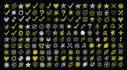Set of hand drawn doodle icons, stars, arrows, hearts, check marks, and abstract shapes © S.Siam