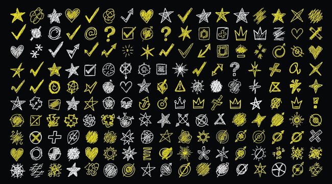 Set of hand drawn doodle icons, stars, arrows, hearts, check marks, and abstract shapes