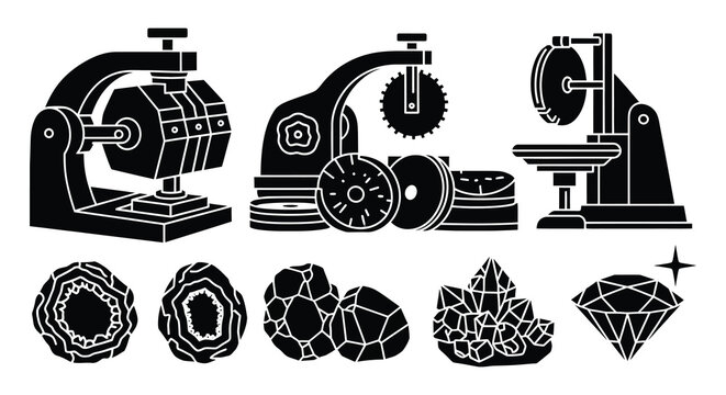 Vintage gem cutting machinery and polished stones in black silhouette