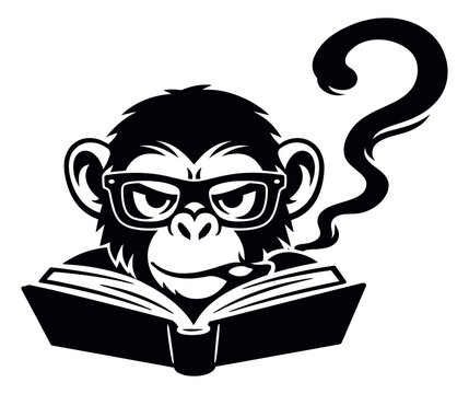 Stylized illustration of a monkey depicting reading a book, smoking a cigar, and wearing glasses, with its tail shaped as a question mark for wisdom and curiosity themes