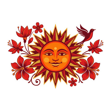 Sinhala and Tamil New Year Sun with Flowers and Bird Illustration; Traditional Sri Lankan Cultural Festival Design for Aluth Avurudda and Puthandu Celebrations