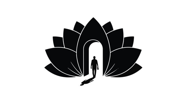 Silhouette of a person walking through an arched doorway framed by a lotus flower, symbolizing enlightenment and new beginnings.