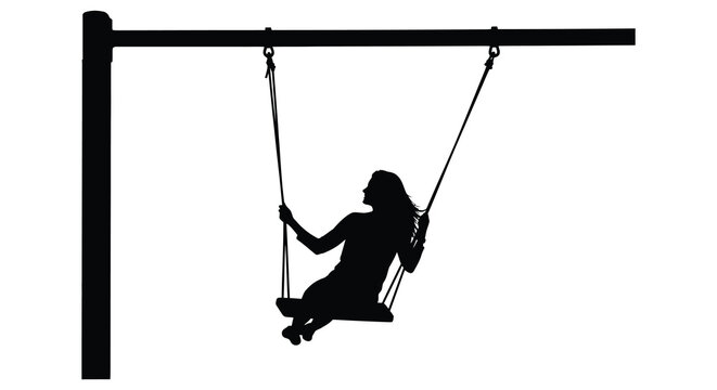 A young woman joyfully swinging on a rope swing black silhouette