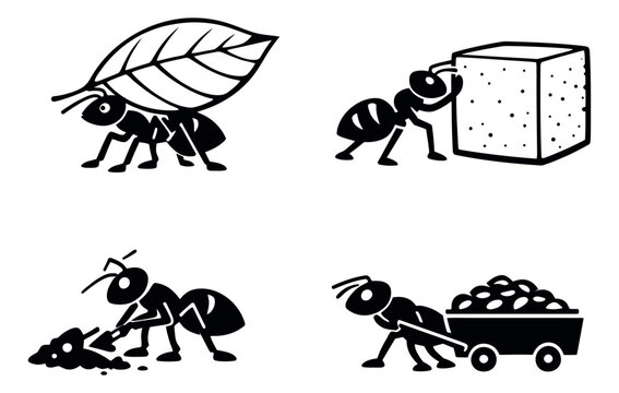 Hand drawn line art ant set featuring ants carrying a leaf, pushing a sugar cube, digging, and pulling a wagon for concepts of hard work and diligence