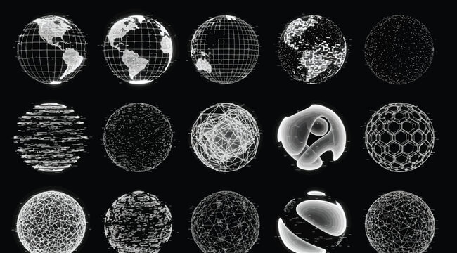 Set of digital globe icons with various abstract technological patterns and wireframe structures