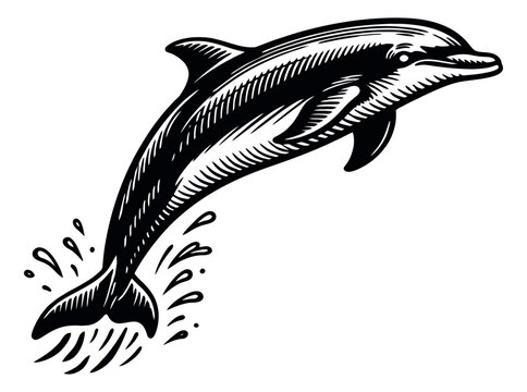Vintage hand drawn illustration of a dolphin depicting it jumping from water with splashes for marine life design