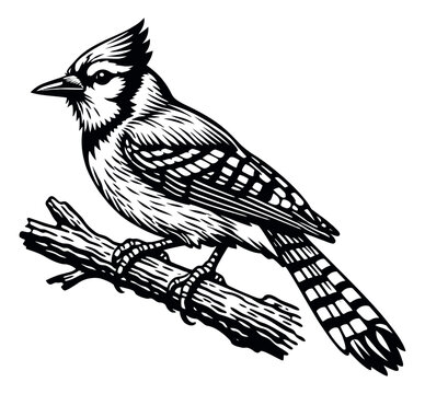 Vintage line art illustration of a blue jay depicting a bird perched on a branch for nature themes