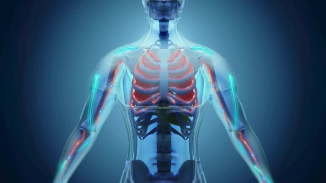 Human anatomy 3D animation of rib cage and internal organs with glowing blue highlights