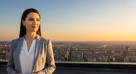 Fototapeta premium Confident businesswoman looking out over city skyline at sunset symbolizing ambition and success in corporate career