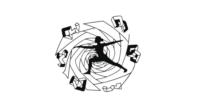 Silhouette of a person in a yoga pose within a swirling abstract design