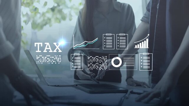 Digital tax filing Tax return financial planning analyzing  data revenue deductions filing income tax online payment mobile app computer technology. Business tax management economy 