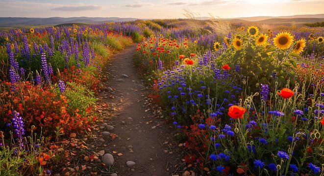 A picturesque dirt path winding through a vibrant wildflower meadow at golden hour.