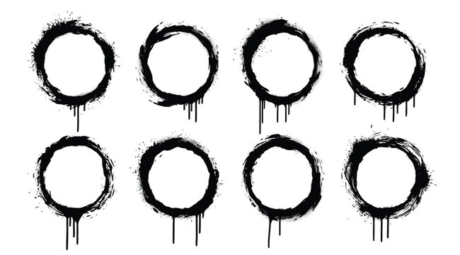 Set of black grunge spray paint circles with drips