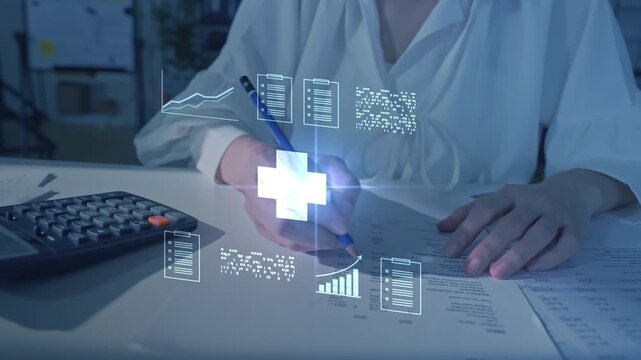 Health insurance and medical healthcare. Medical business life protection plan, digital hospital technology, medicine, patient checkup service, global science innovation, and smart wellness system.