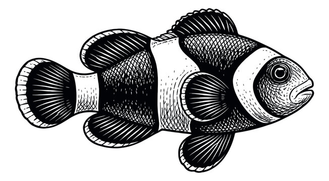 Hand drawn line art illustration of a clownfish depicting a tropical sea creature for aquatic designs