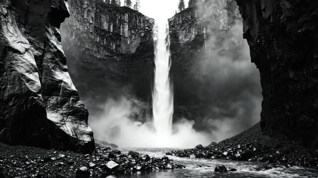 Black and white view of a powerful waterfall cascading down a cliff face with surrounding rocks and stream