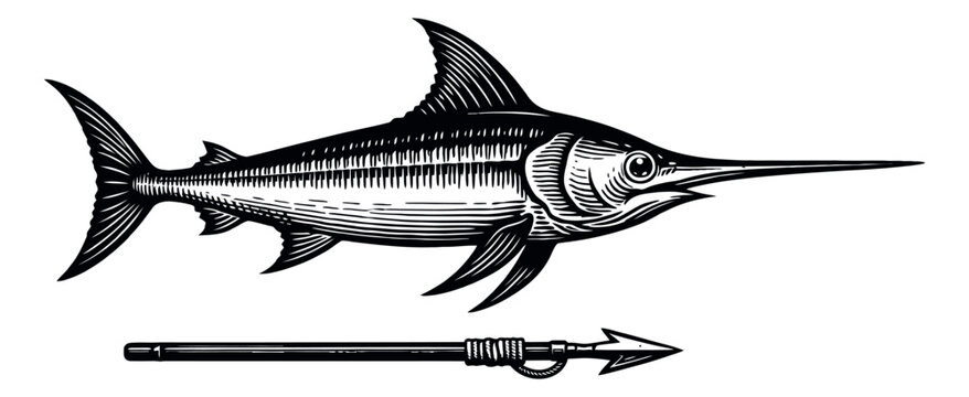 Vintage hand drawn line art illustration of a swordfish and a harpoon depicting ocean hunting for a marine wildlife concept