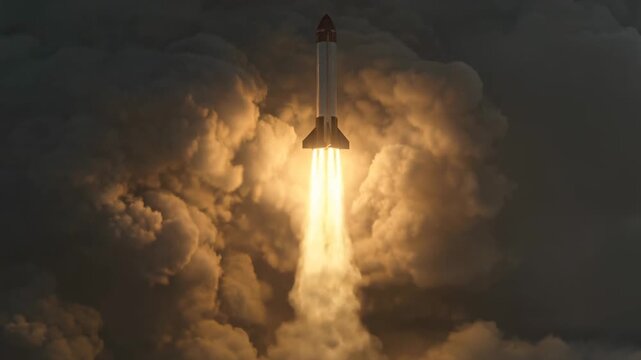 A sleek, powerful rocket launching heavenward with fiery exhaust, representing ambitious space exploration, technological advancement, and human achievement.