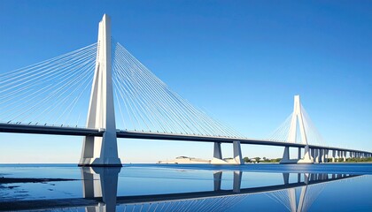 Obraz premium modern cable-stayed bridge over calm water at golden hour with reflection