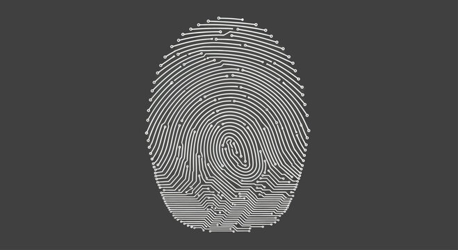 Digital fingerprint, made of circuits, on a dark gray background