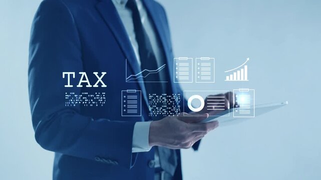 Digital tax filing Tax return financial planning analyzing  data revenue deductions filing income tax online payment mobile app computer technology. Business tax management economy 