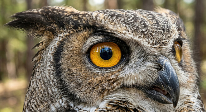 Macro Texture Portrait: A hyper-detailed, extreme close-up of a Great Horned Owl's face, focusing on one large yellow-orange eye, the bristly feathers around it, the hooked beak