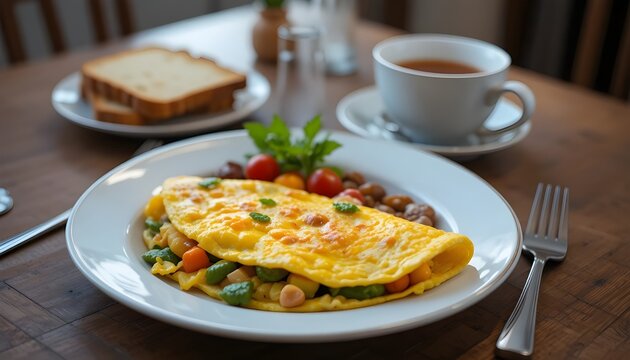 Classic omelette with vegetables, toast and tea cup, cozy home breakfast scene"
