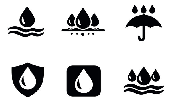 Simple icons set featuring water drops, waves, and an umbrella for waterproofing and liquid protection