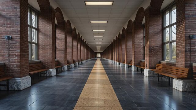 empty brick-arched corridor, long perspective in station arcade