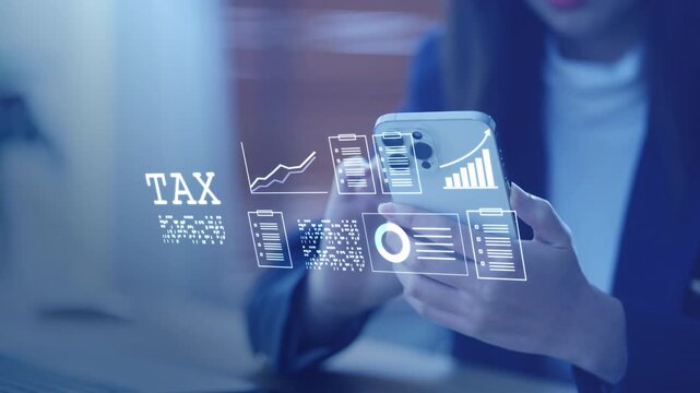 Digital tax filing Tax return financial planning analyzing  data revenue deductions filing income tax online payment mobile app computer technology. Business tax management economy 