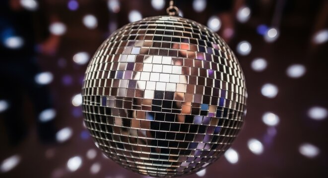 Shiny Disco Ball Reflecting Light in a Dark Room.