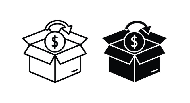 Simple vector graphic illustrating a money return, refund, or cashback process in a package