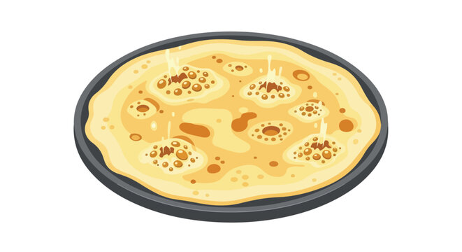 A vibrant and appetizing illustration of a freshly cooked crepe or pancake sizzling in a dark frying pan, showcasing its bubbly texture and