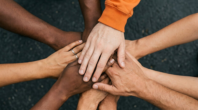 Diverse group of people stacking hands in a circle, showing unity and teamwork.