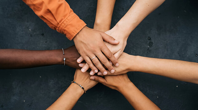 Diverse group of people stacking hands in a circle, showing unity and teamwork on a dark background.