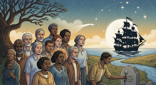 A diverse group of people gather at a graveside overlooking a mysterious ship at night.