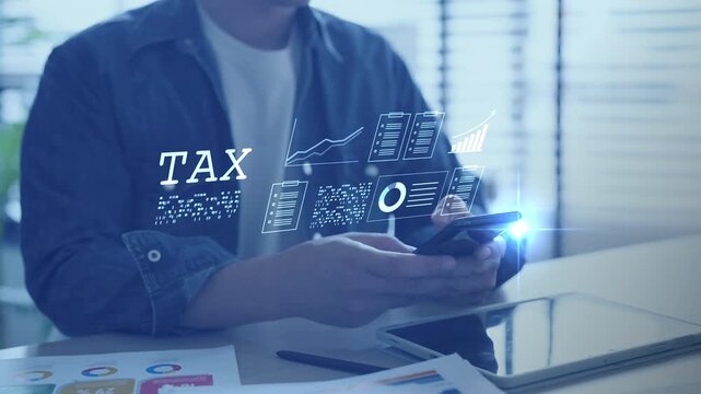 Digital tax filing Tax return financial planning analyzing  data revenue deductions filing income tax online payment mobile app computer technology. Business tax management economy 