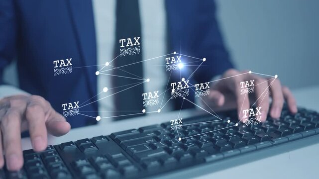 Digital tax filing Tax return financial planning analyzing  data revenue deductions filing income tax online payment mobile app computer technology. Business tax management economy 