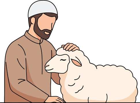 Muslim Man Petting Sheep Vector Icon - Eid Al-Adha Qurbani Sacrifice Islamic Religious Illustration