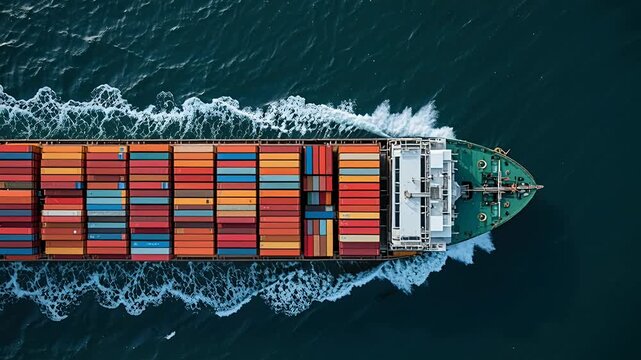 cargo ship with colorful containers - aerial view over sea