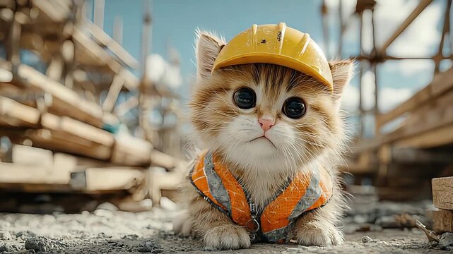 A charming kitten dressed as a construction worker brings a playful and optimistic vibe, perfect for marketing or showcasing a fun, lighthearted conce