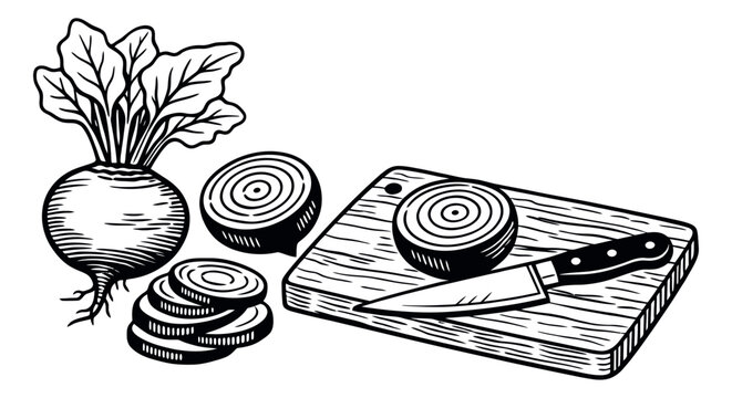Hand drawn line art kitchen and cooking set featuring a beet, sliced beets, a kitchen knife, and a cutting board for food preparation