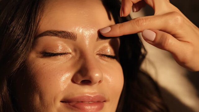 Extreme close-up of a young woman's face with brown eyes and dark hair, showcasing glowing oily skin texture as a hand with manicured nails touches her groomed eyebrow in warm lighting.