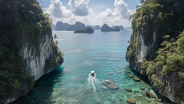 turquoise bay aerial seascape between limestone cliffs with boat