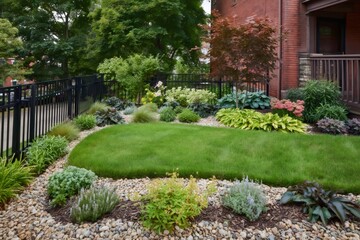 Fototapeta premium Lush green lawn landscaping with decorative garden beds