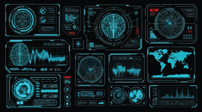 Futuristic HUD interface dashboard with digital data visualization cyber security analytics radar screen world map hologram technology UI panel blue neon sci fi control system abstract background