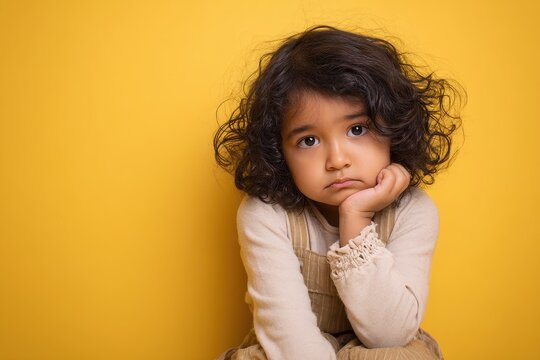 Pensive child gazing at the camera with chin on hand, quiet mood in a bright yellow studio setting