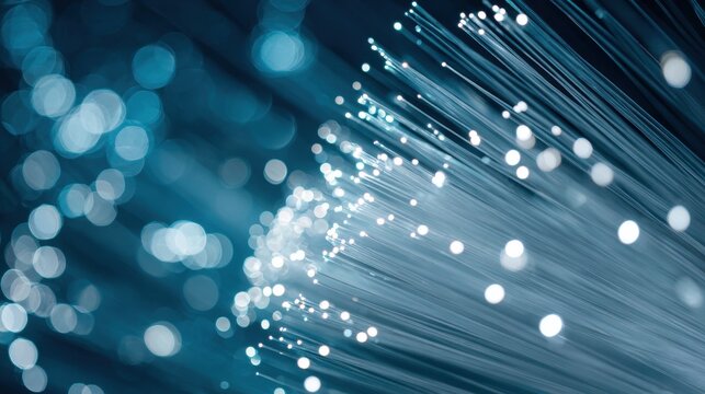 Blue-lit fiber strands and connectors in a tech-inspired data setup