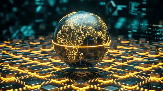 Globe with yellow lines on a futuristic grid background, representing global technology and connectivity.